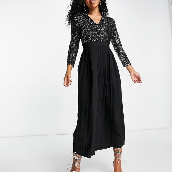 ASOS Little Mistress Sequin Pleated Midi Dress Black Silver Size 4 Women’s - Picture 1 of 14